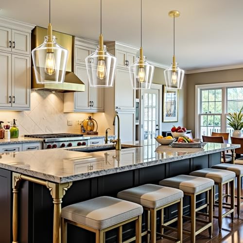 Glass Pendant Lighting for Kitchen Island Entryway 2 Pack Gold Clear 8 Inch (2 Count)