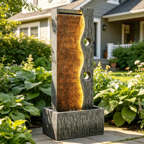AUTODAYA 39" Zen Faux Slate Outdoor Fountain LED Cascading Waterfall