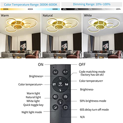 Modern LED Ceiling Light Gold Dimmable 5 Rings Flush Mount Ceiling Light Fixtures with Remote Control 106W 10000LM Ceiling Lighting for Living Room Bedroom Kitchen Dining Room 3000
