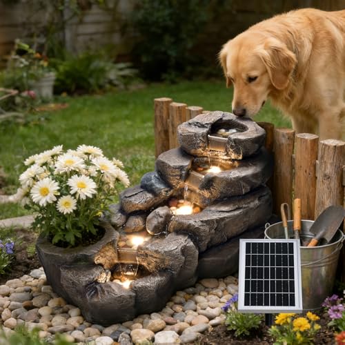 38.2" L Solar Water Fountain Outdoor Rock Waterfall Fountains
