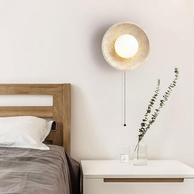 Japanese Wabi-Sabi Style Marble Wall Sconce, Retro Round Wall Light Yellow Travertine Indoor Wall Lamp, Natural Stone Wall Mounted Lamps with Pull Switch for Bedroom Living Room