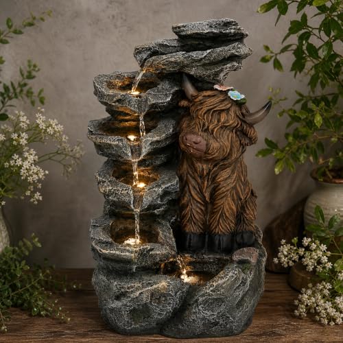 6 Tier Outdoor Water Fountain LED Waterfall with Highland Cow