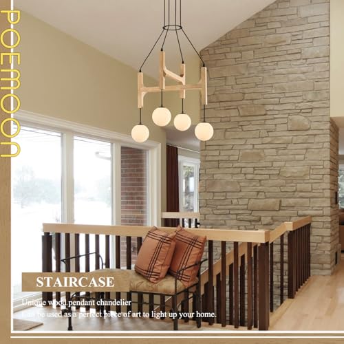 Natural 4 Light Wooden Chandelier with Milk Glass Globe L24 Inch
