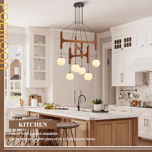 Farmhouse 6 Light Wooden Chandelier with Milk Glass Globe L28 Inch (6 Count)