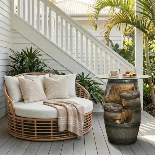 Rustic Barrel Outdoor Water Fountain with Glass Tabletop