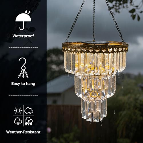 Solar Hanging Crystal Chandelier Vintage Outdoor Garden Decor Light