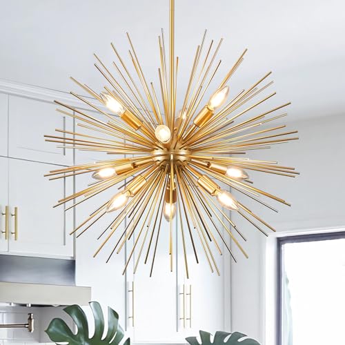 24in Gold Sputnik Chandelier 9 Light Starburst Light Fixture Solid Metal