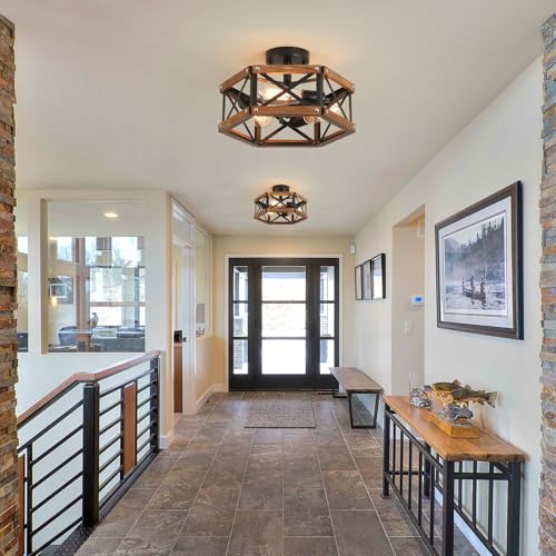 3 Light Rustic Farmhouse Wood Flush Mount Ceiling Light Fixture 14.5 inch Oak Wood and Metal Hexagon Cage Semi Flush Mount Ceiling Light for Hallway Hall Entry Bedroom Kitchen Farmhouse