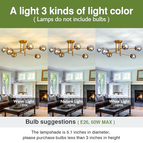 6 Lights Glass Globe Chandelier Modern Flush Mount Ceiling Light Fixture Gold Farmhouse Lighting for Dining Room Living Room Bedroom Kitchen Passageway