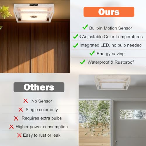 White LED Motion Sensor Outdoor Ceiling Light Square Flush Mount Lights