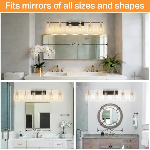 49.2 inch Vanity Light fixtures Vintage 6 Lights Wall Light Fixtures Above Mirror for Bathroom Brass and Black with Clear Glass Shade