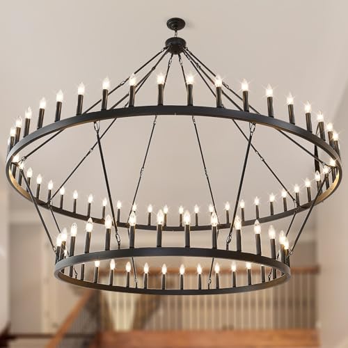 2 Tier Wagon Wheel Chandelier 80" Large Chandeliers for High Ceilings