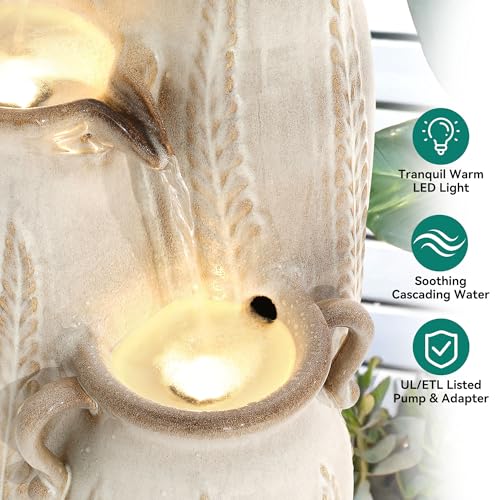 30" Ceramic Vase Water Fountain Outdoor with LED Lights