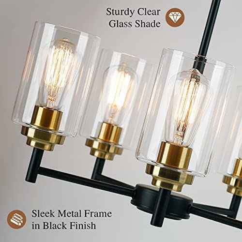 Sucolite 19.8'' Dia 5-Light Chandelier for Dining Room Kitchen Island, Modern Farmhouse Pendant Lighting with Glass Shades Black & Gold Ceiling Light Fixture for Living Room, Height Adjustable