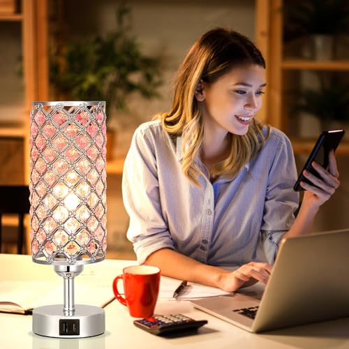 Pink Crystal Touch Lamp with USB C+A