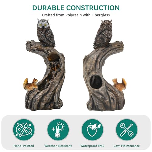 32" H Owl Tree Trunk Outdoor Fountain with Warm LED Lights