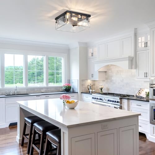 Square Glass Close to Ceiling Light Fixture Black Modern Farmhouse Flush Mount Ceiling 3