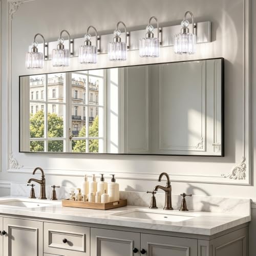 Crystal Brushed Nickel Vanity Light for Bathroom 6 Light Modern Bathroom Lighting Fixtures Over Mirror