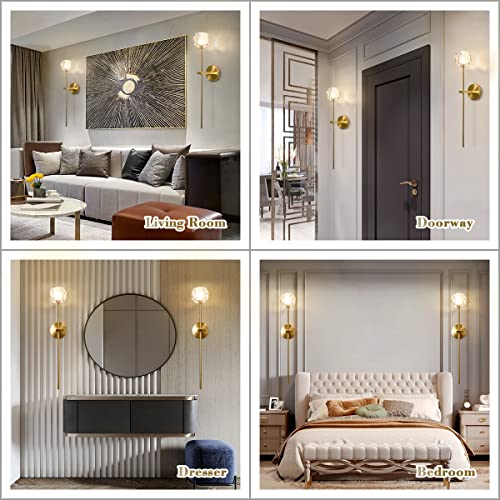 1 Light Antique Brass Wall Sconce Lighting Fixture Modern Clear Crystal Ball Wall Sconce Lamp Brushed Gold Long Metal Wall Light Hardwired Bathroom Vanity Light Fixture