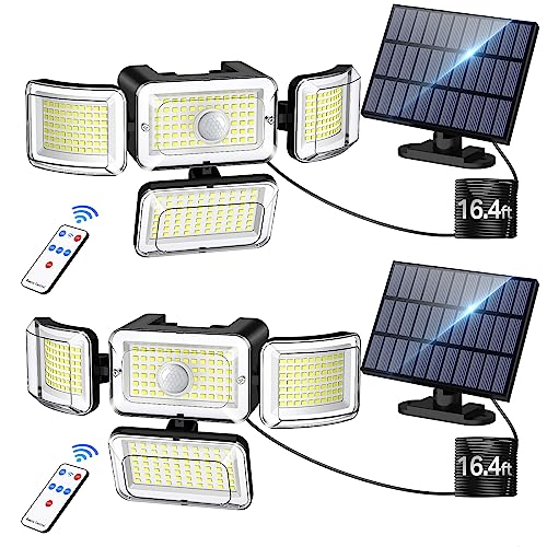Solar Outdoor Lights Motion Sensor 3500LM 288 LED Solar Security Lights with Remote Control IP67 Waterproof 4 Heads Solar Flood Lights with 16.4ft Cable 4 Modes Wall Lights (2 Count)