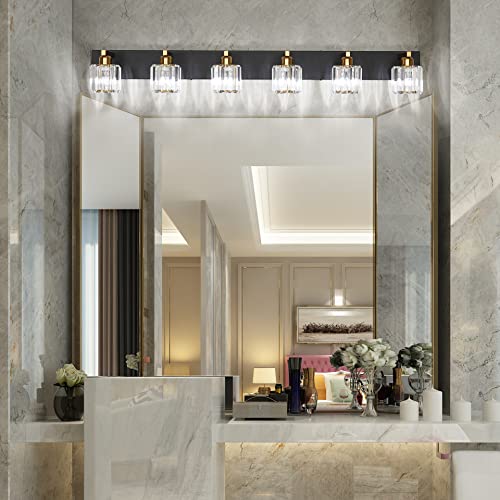 Bathroom Light Fixtures Crystal Vanity Light Black and Gold 6 Lights Vanity Lighting Fixtures