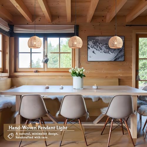 3 Pack Wicker Pendant Light Natural Woven Pendant Light Boho Chandelier Light Fixture Dome Rustic Farmhouse Pendant Lights Rattan Light Fixture for Dining Room Kitchen Island (3 Count)