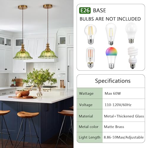 Glass Pendant Lights Modern Pendant Lighting Fixtures Hanging Lamp for Kitchen Island Bedroom Dining Room Coffee Shop Hallway Green and Brass 2 Pack (2 Count)