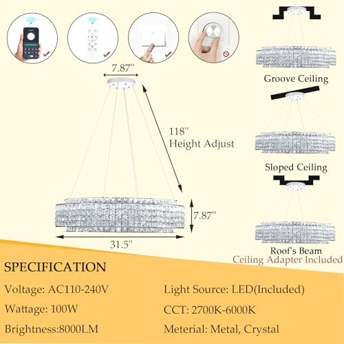 W32 Modern Chandeliers for Living Room LED Dimmable Pendant Lighting High Ceiling Chandelier for Dining Room Foyer Hallway Crystal Rectangle Light Fixtures Silver