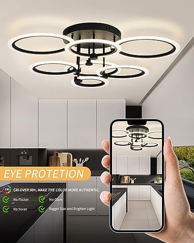 Modern LED Ceiling Light 7 Rings Dimmable Fixtures with Remote Black Close to Ceiling Light 31.8" 130W 3000K