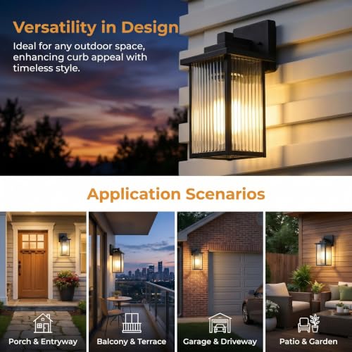 2-Pack 13-Inch Matte Black Outdoor Wall Light, All-Metal Frame