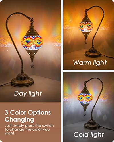 Turkish Moroccan Lamp with Bronze Base 3 Color Options Handmade Swan Neck Mosaic Glass Bedside Lamps for Bedroom