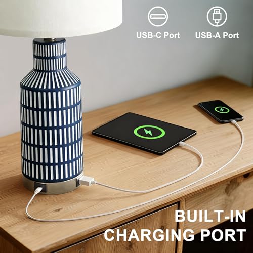 25" Modern 3 Way Dimmable Touch Control with USB A+C Ceramic Lamps Set of 2 Table Lamp for Living Room Bedroom Farmhouse Nightstand Bedside Blue (2 Count)