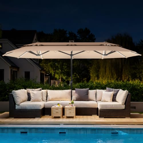 13ft 2 Tier Patio Umbrella with Solar Lights&Base