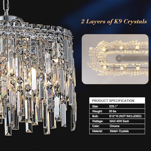 Rectangular Crystal Chandelier for Dining Room Modern Chrome Chandelier Linear Rectangle Pendant Light Fixtures for Kitchen Island L33” K9 Luxury Long Chandelier for Living Room