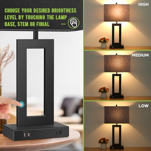 28" Black Modern Table Lamp Set of 2 with 2 USB Ports&AC Outlet (2 Count)