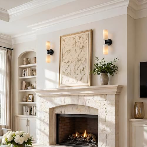 Natural Alabaster Wall Sconce 15in Marble Bathroom Vanity Sconce Black E26