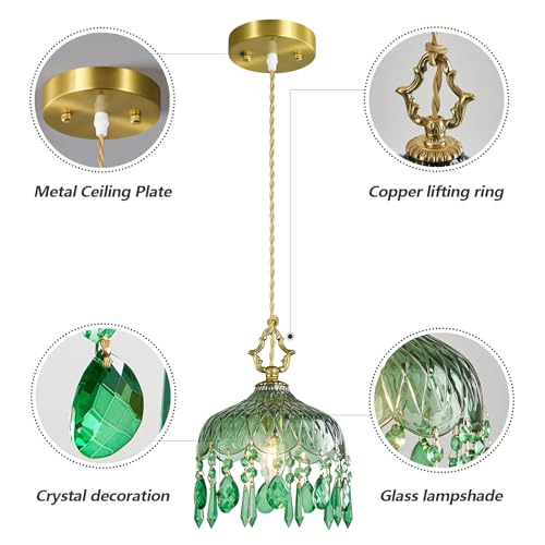 Brass Vintage Pendant Light Green Crystal Hanging Light Fixtures