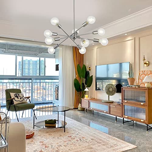 Modern Sputnik Chandelier Lighting 10 Lights with Adjustable Arms Mid Century Brushed Nickel Pendant Lighting for Kitchen Living Room Dining Room Foyer