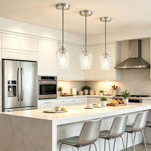 3 Pack Brushed Nickel Pendant Lights Kitchen Island Hammered Glass Shade