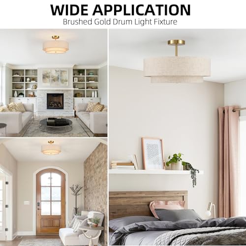 18" Semi Flush Mount Ceiling Light with Fabric Lampshade Modern Drum Ceiling Lamp Gold Ceiling Light Fixture for Dining Room Kitchen Bedroom Living Room