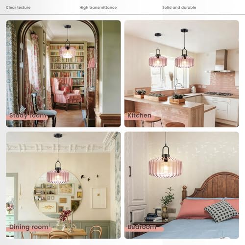 Pink Pendant Lights Fixture Mid Century Modern Pendant Lighting Large Glass Globe Shade Adjustable Cord Pendant Light Vintage Ceiling Hanging Lights for Dining Room Kitchen Island