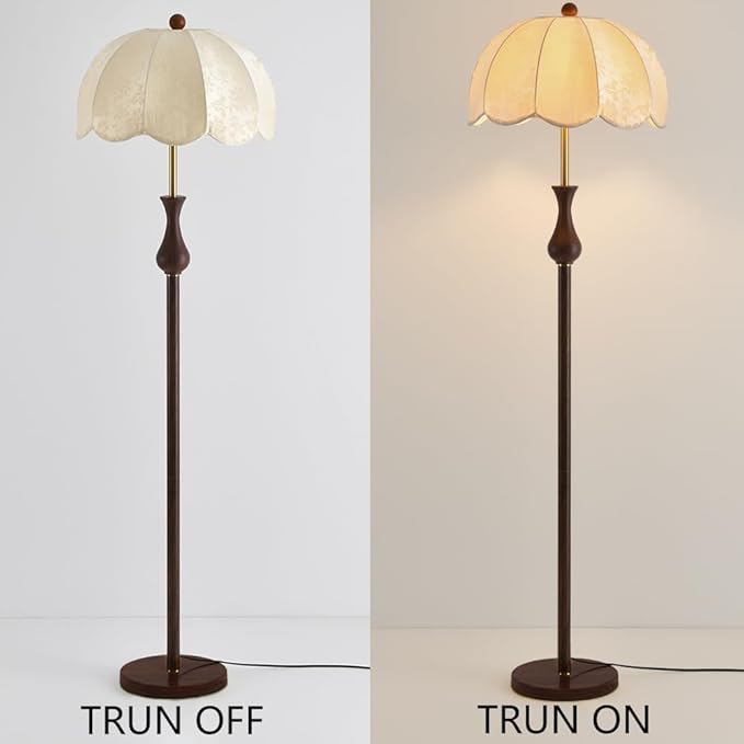 Wabi-sabi Fabric and Wood Grain Floor Lamp with E27 3-Color Dimmer - Modern Tall Lamp for Living Room, Reading Room, Bedroom, Dining Room