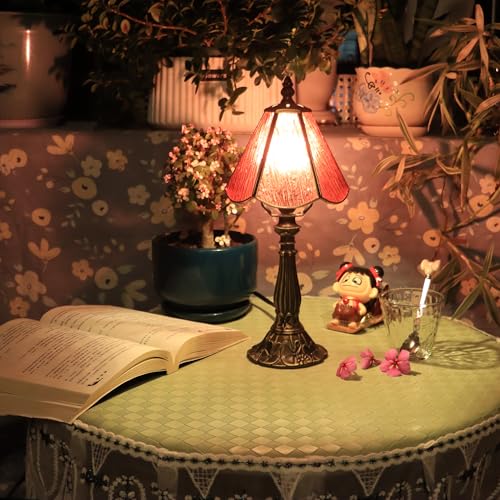 Small Tiffany Table Lamp Pink Bark Pattern Style Stained Glass Desk Lamps 6X6X14 Inch Bronze Resin Base Antique Mini Accent Light