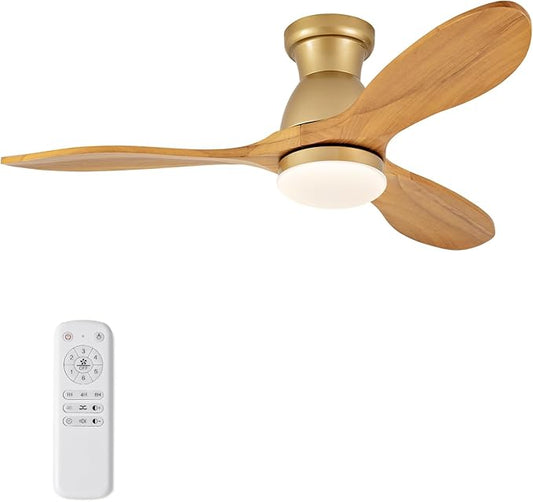 Dimmable 42 Inch Flush Mount Ceiling Fans with Lights and Remote, 3 Blade Wood Bedroom Ceiling Fan with Lights Low Profile Ceiling Fan with Light Gold Outdoor Ceiling Fans for Patios Living Room