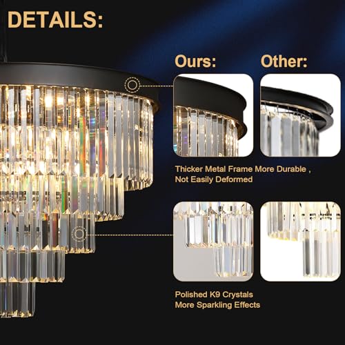 Large Crystal Chandelier Modern Black 30" Round Light Fixture Staircase