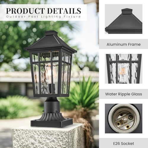 Lamp Post Outdoor Lighting 16.5 Inch Black Outdoor Post Lights Waterproof Aluminum Pole Lantern for Garden Patio Pathway E26 Socket