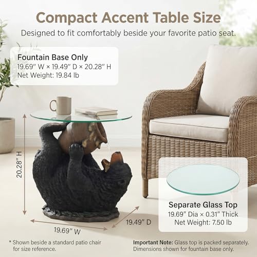 Rustic Black Bear Outdoor Water Fountain with Glass Tabletop