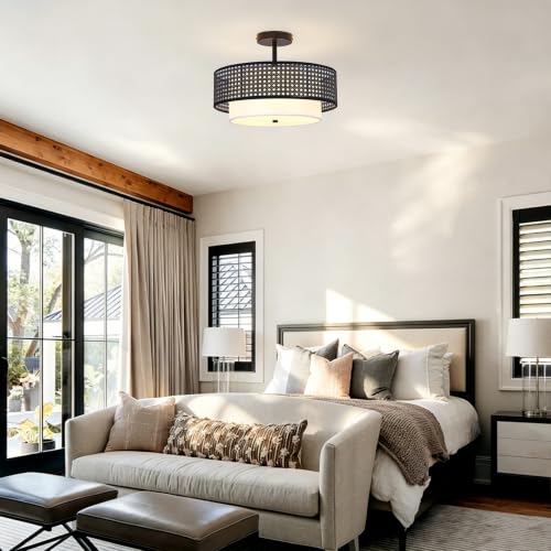 16" Black Rattan Ceiling Light