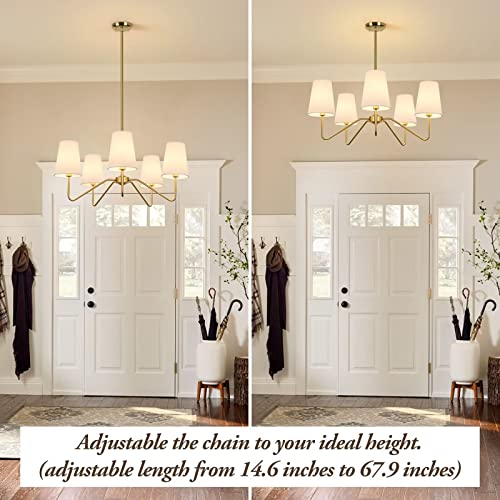 5 Light Gold 30” Modern Chandelier with White Shades for Dining Room