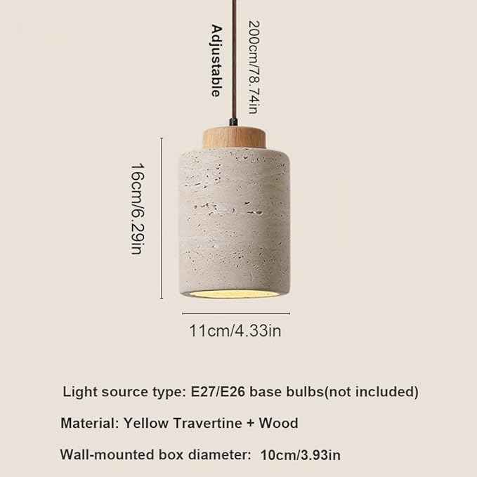 Set of 3 Japanese Travertine Hanging Lamps, Cylinder Natural Stone Pendant Lights Kitchen Island Adjustable Small Chandelier for Dining Room Bedside(Wood,11cm/4.33in)